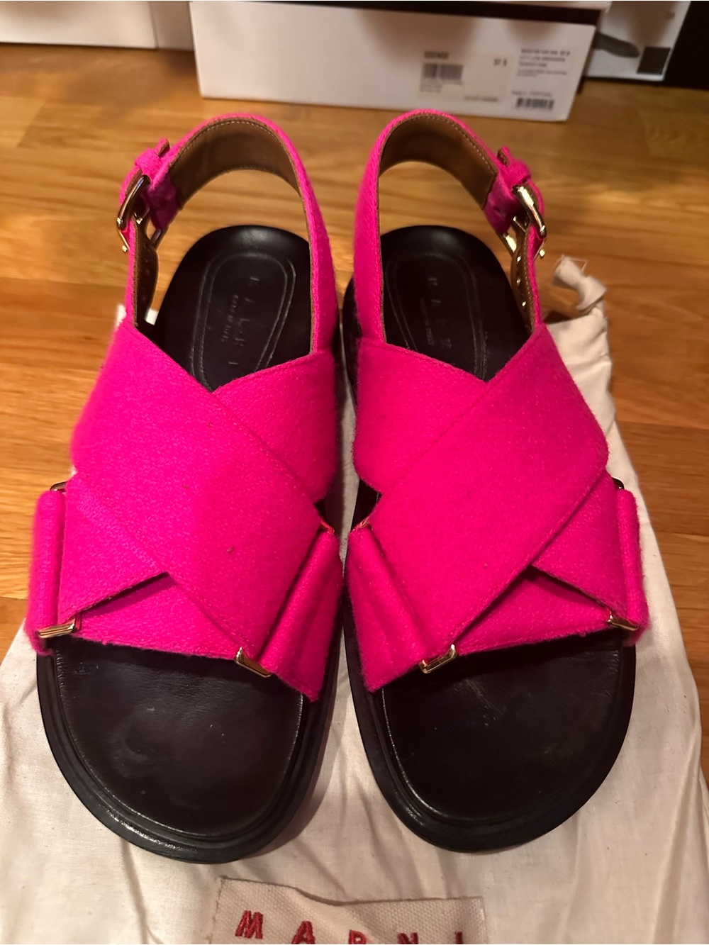 Marni Hot Pink Crisscross Slingback Sandals with Gold Buckles